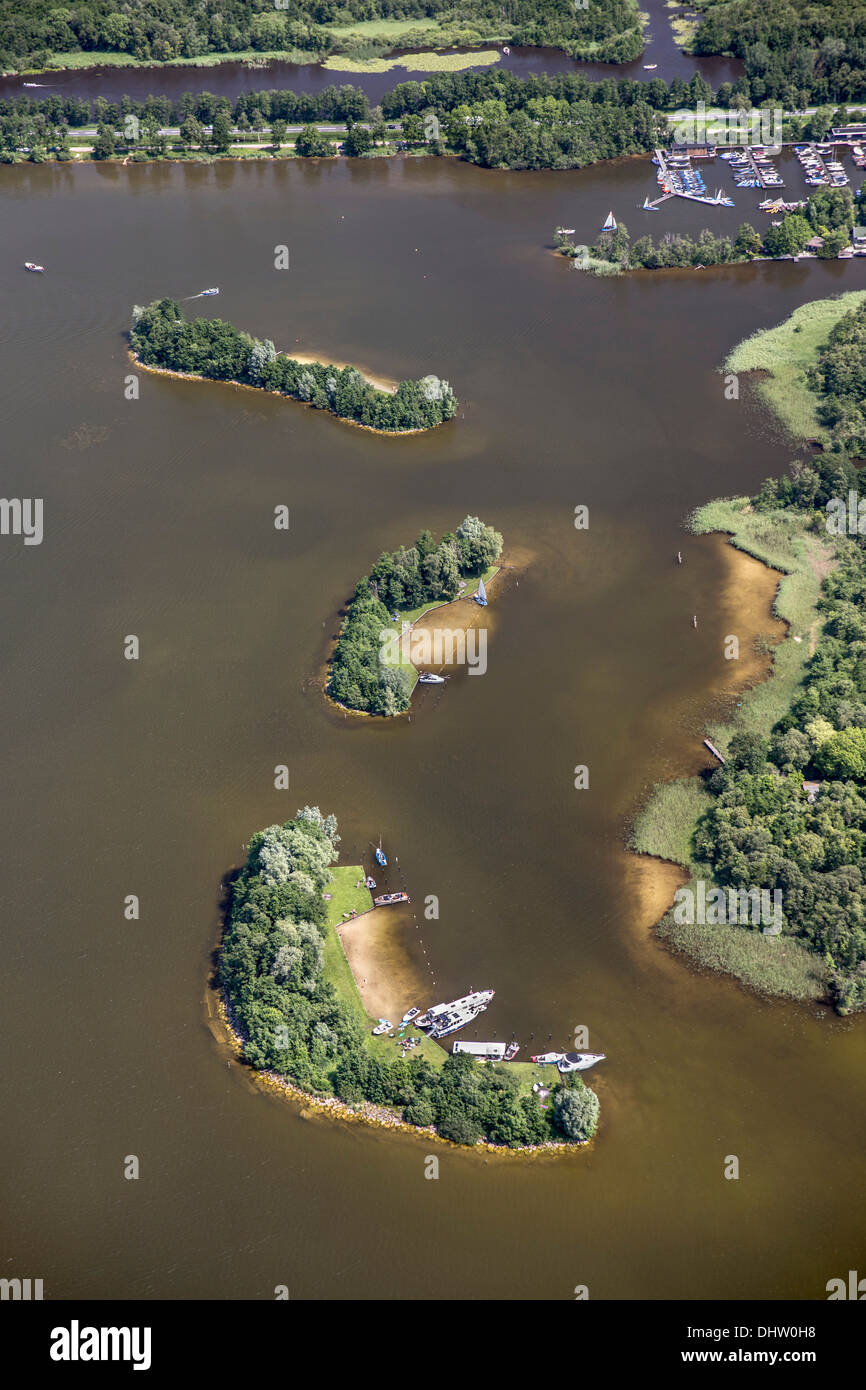 Netherlands, Loosdrecht, Lakes called Loosdrechtse Plassen. Yachts at beaches. Aerial Stock Photo