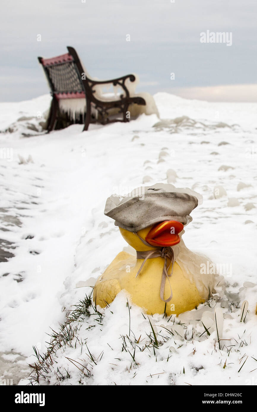 Netherlands, Marken, Lake called IJsselmeer. Winter. Chairs and toy ducks in ice Stock Photo