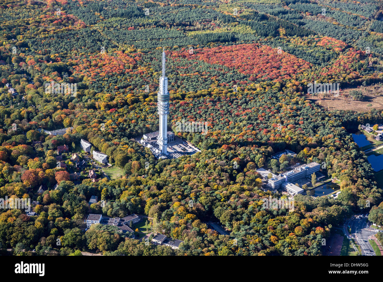 Netherlands, Hilversum, TV or Television broadcasting tower. Autumn colors. Aerial Stock Photo