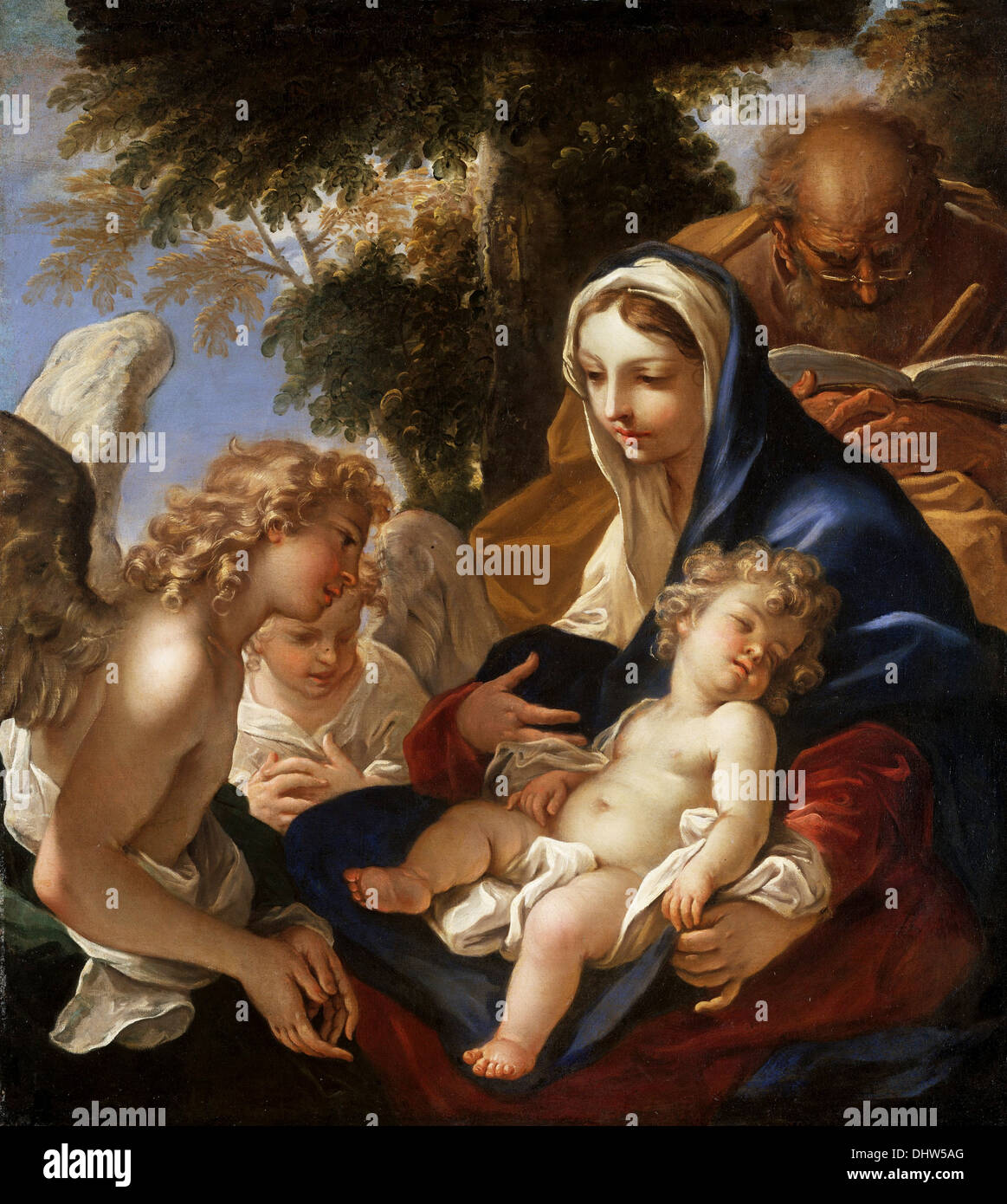The Holy Family with Angels - by Sebastiano Ricci, 1700 Stock Photo
