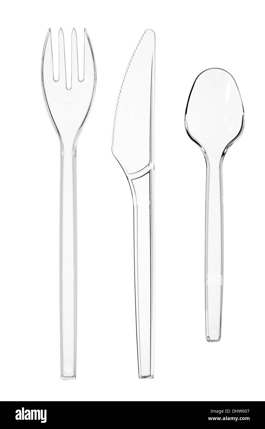 Fork, knife and spoon of transparent plastic Stock Photo