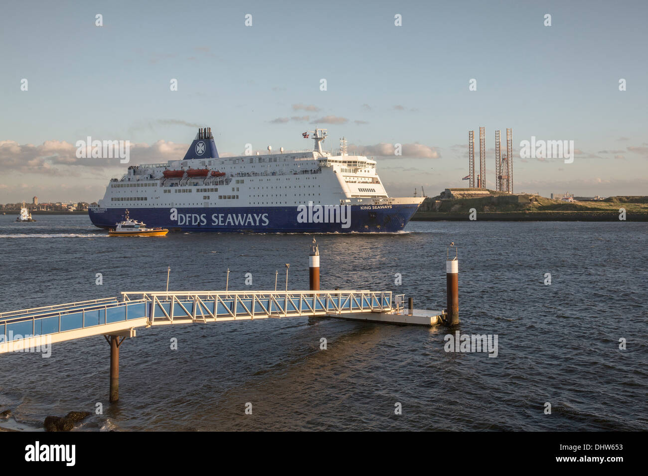 Netherlands, IJmuiden, DFDS ferry to Newcastle leaving the harbor for the North Sea Stock Photo