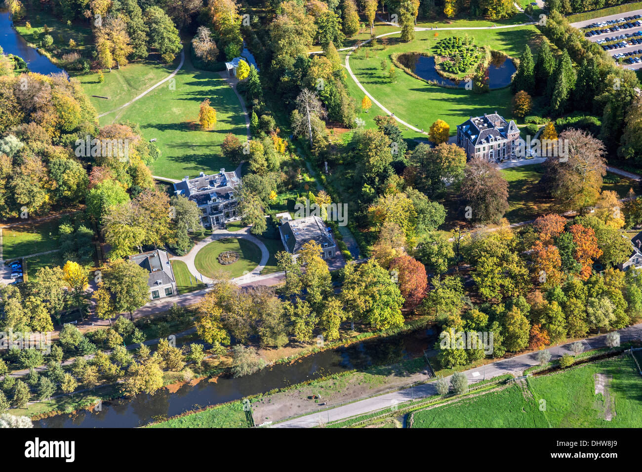 Netherlands, 's-Graveland, Rural estate Schaep En Burgh. Rural estate Boekestein. Headquarters Natuurmonumenten, Autumn. Aerial Stock Photo
