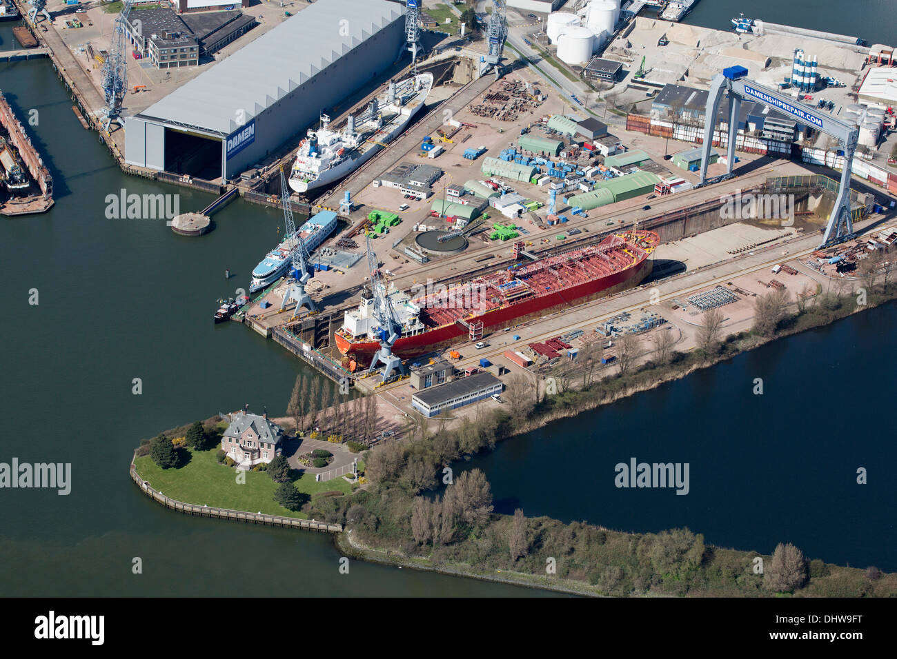 The Netherlands, Rotterdam, Port of Rotterdam, harbour. Damen shipyard, shipyards, shiprepair and conversion. Aerial. Stock Photo