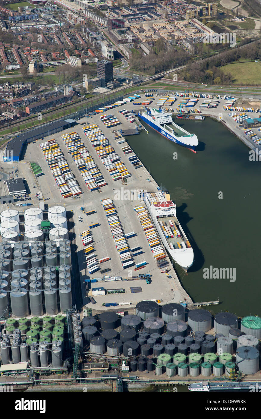 Netherlands, Rotterdam, Port, Harbour. Quay for Roll On, Roll Off, RORO ferries. Aerial Stock Photo