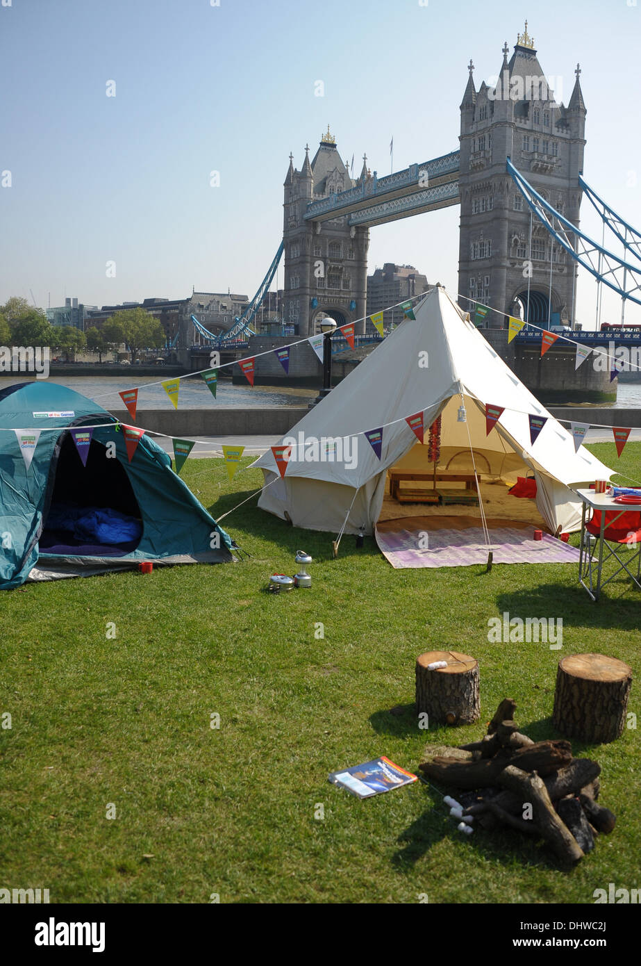 A pop-up camp site appears in Potter's Field, London, aiming to show how  Olympics ticket holders can avoid hotel expenses by pitching their tents at  the company's new camp sites London, England -