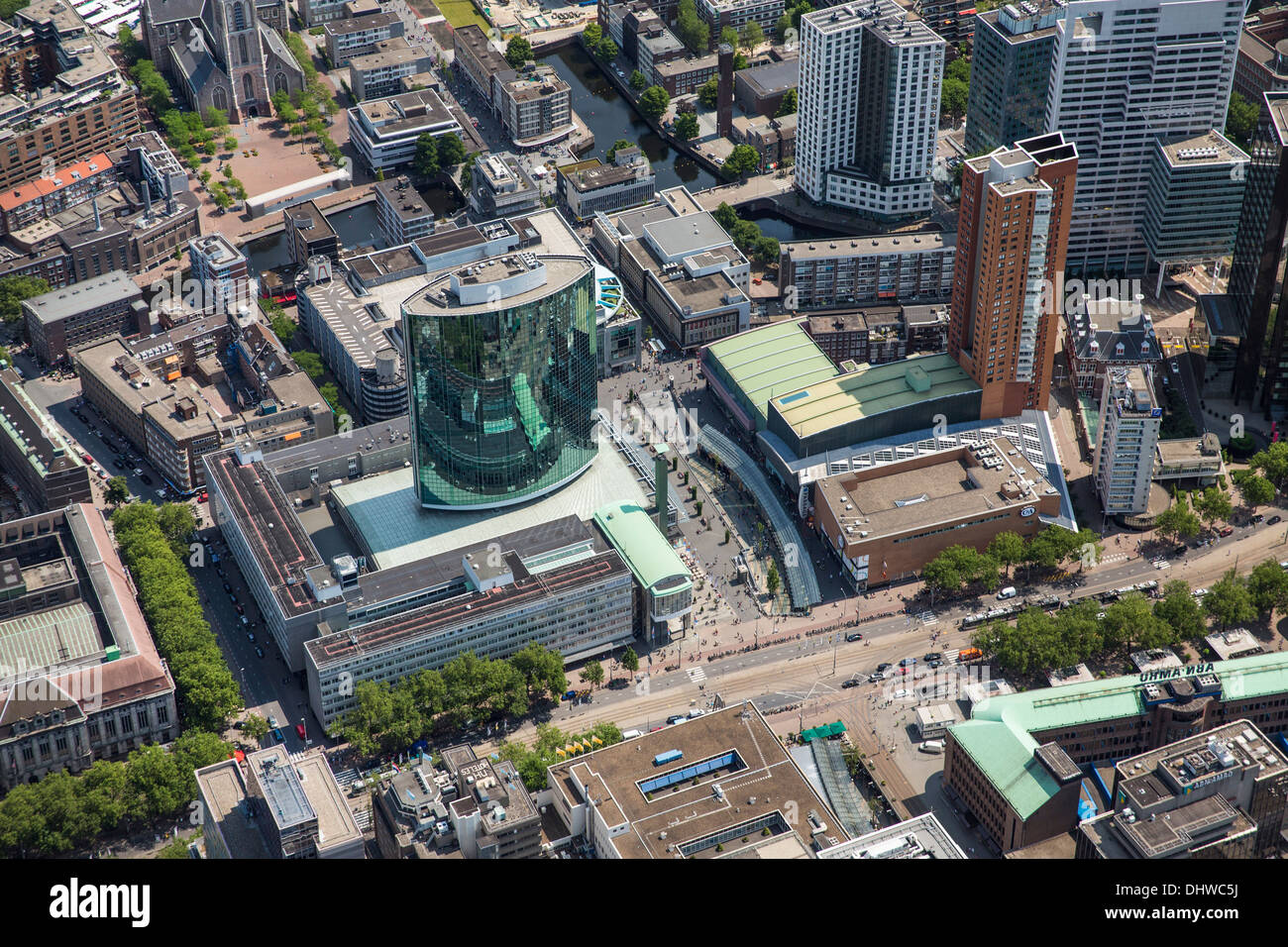 Netherlands, Rotterdam, City center and World Trade Center. Aerial Stock Photo