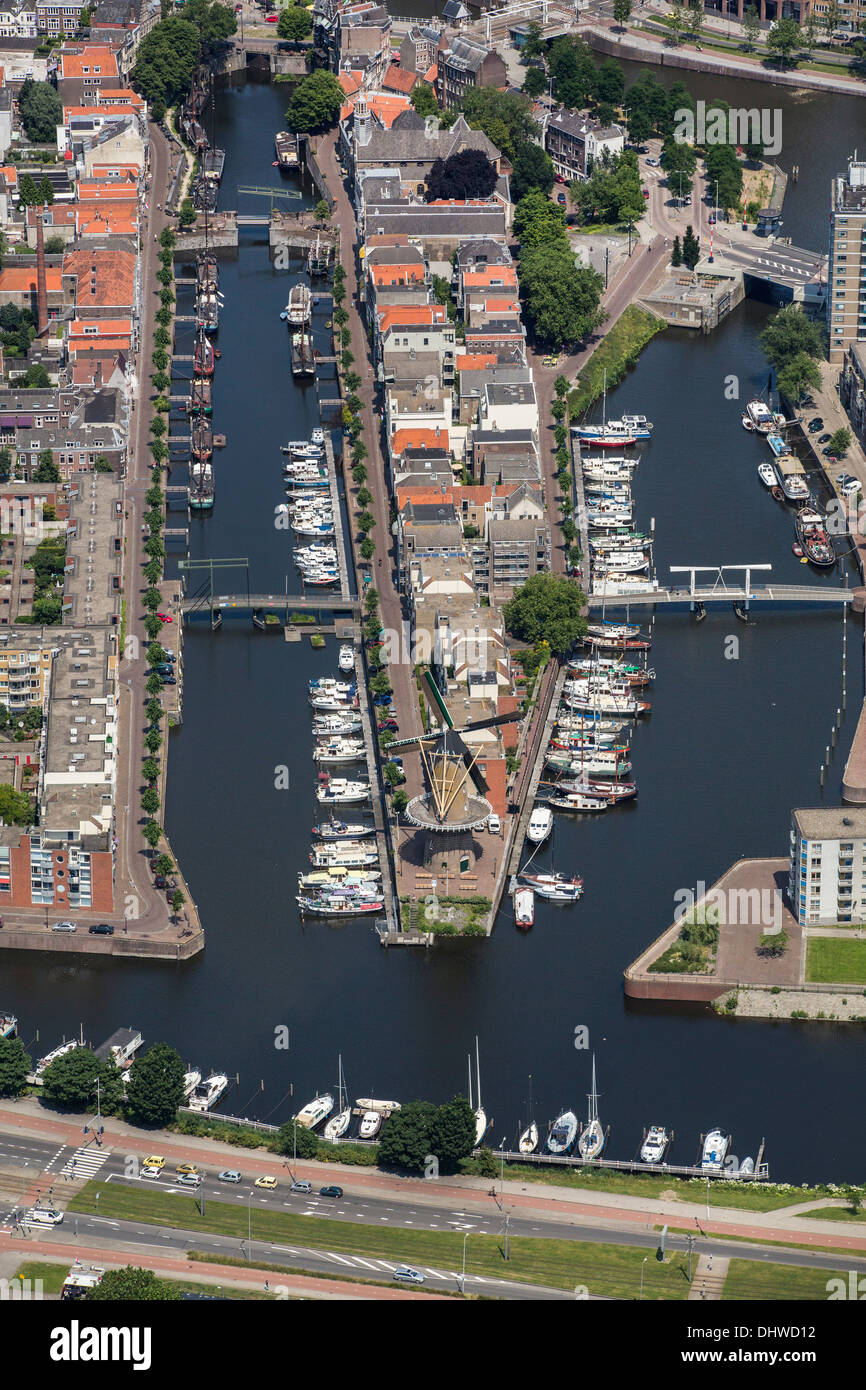 Netherlands, Rotterdam, Historic harbor called Delfshaven. Aerial Stock Photo