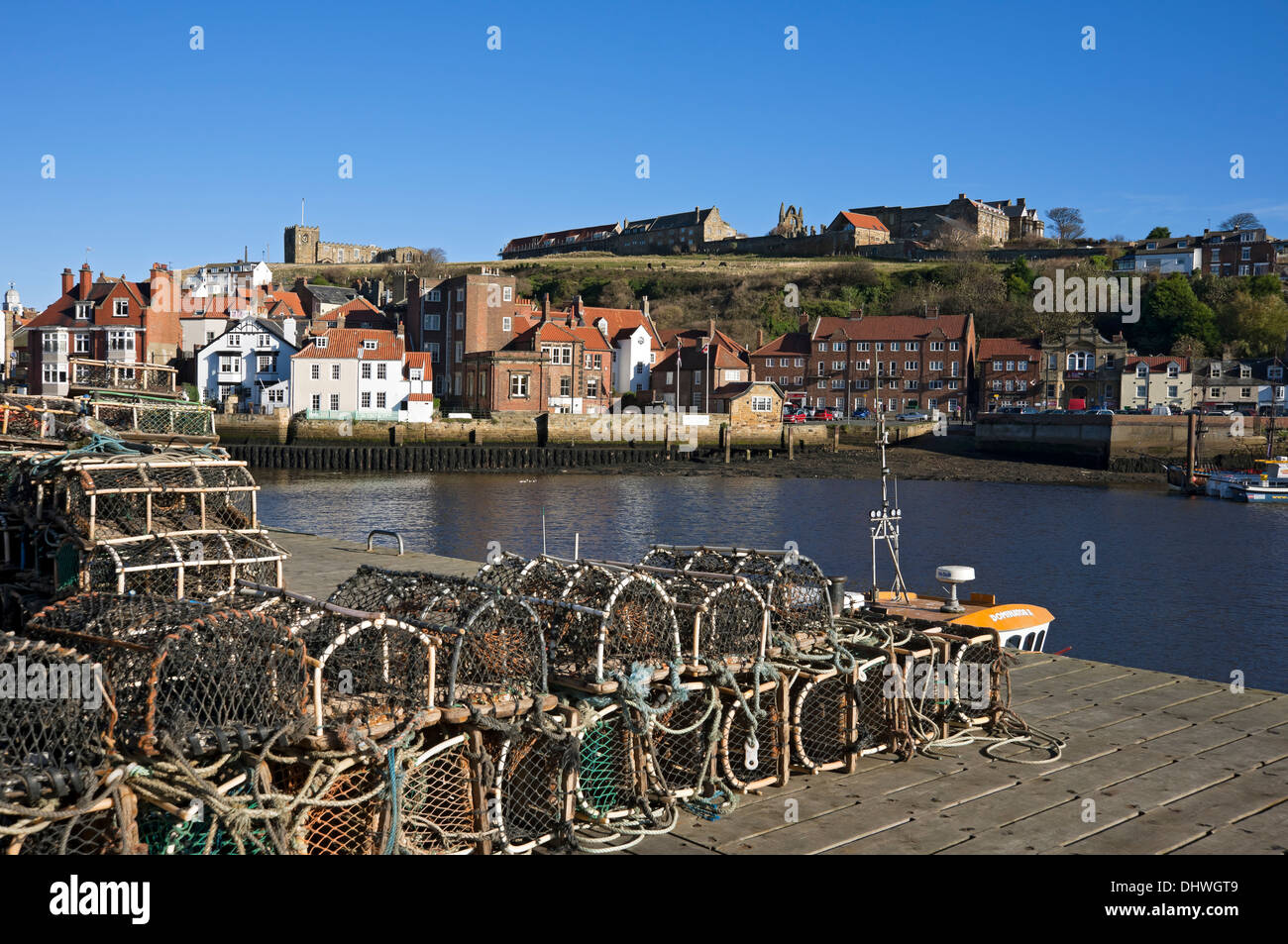 Lobster crab pots on the quayside in winter Whitby North Yorkshire