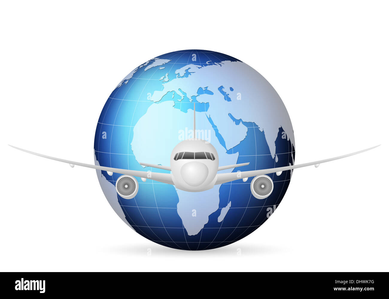 Airplane travel around the blue world globe Stock Photo - Alamy