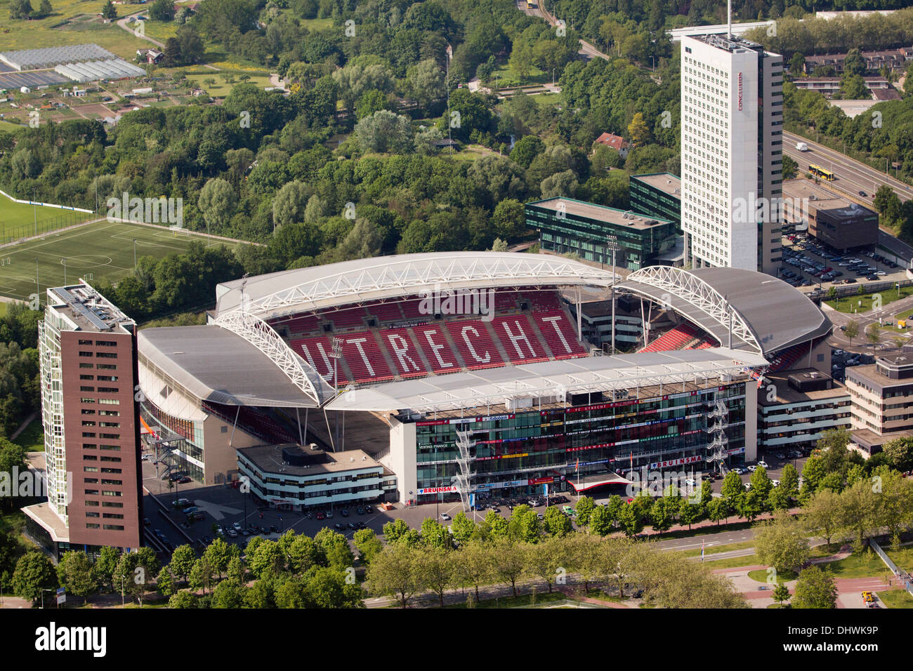 Netherlands, Utrecht, Stadium of football club FC Utrecht, called Galgenwaard. Aerial Stock Photo