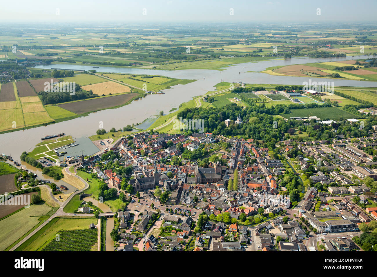 Netherlands, Wijk bij Duurstede, Center of city. Background Nederrijn river crossing canal called Amsterdam-Rijn Kanaal. Aerial Stock Photo