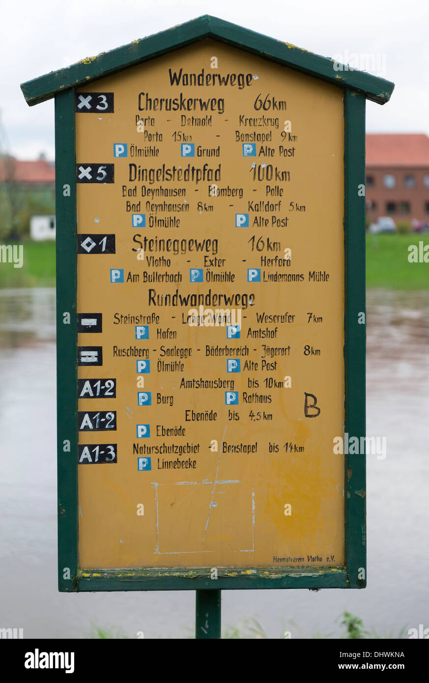 Weser River Walking and Cycling Route Sign Stock Photo