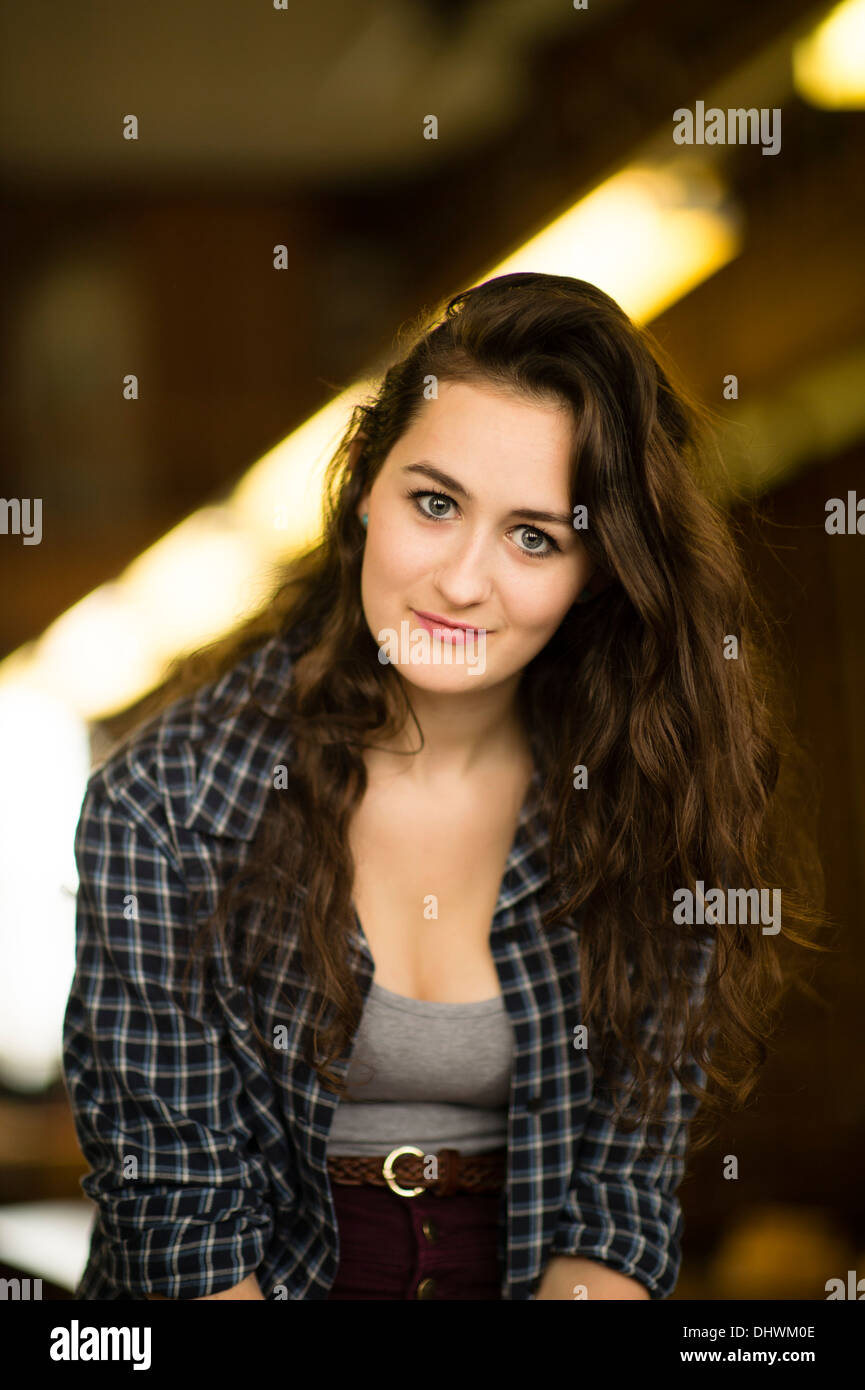 An Attractive Young Woman Teenage Girl Long Wavy Brown Hair Stock