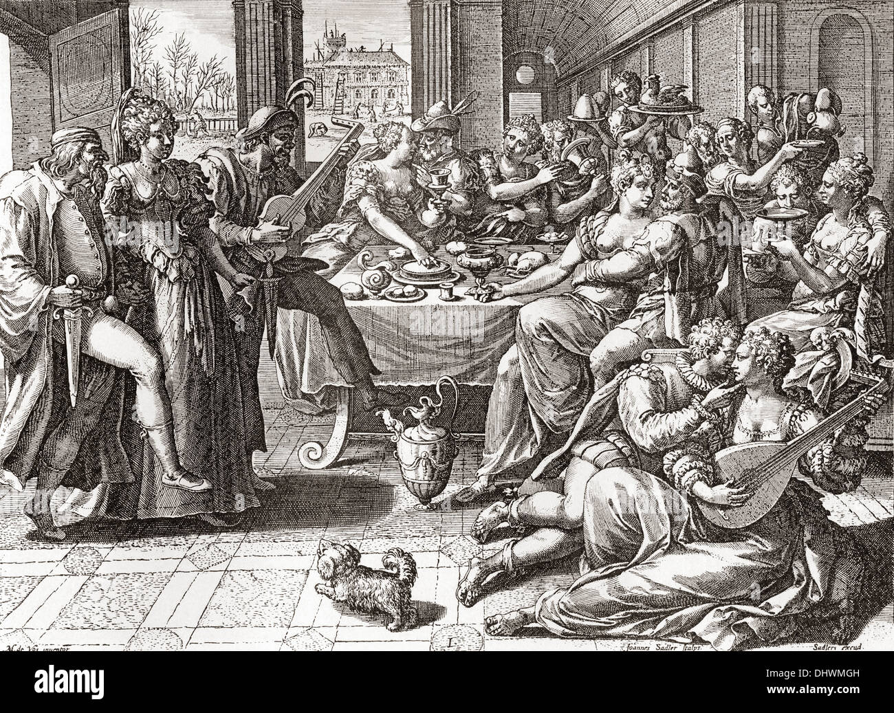 Debauchery and licentiousness in the 16th century, after the painting by Marten de Vos Stock