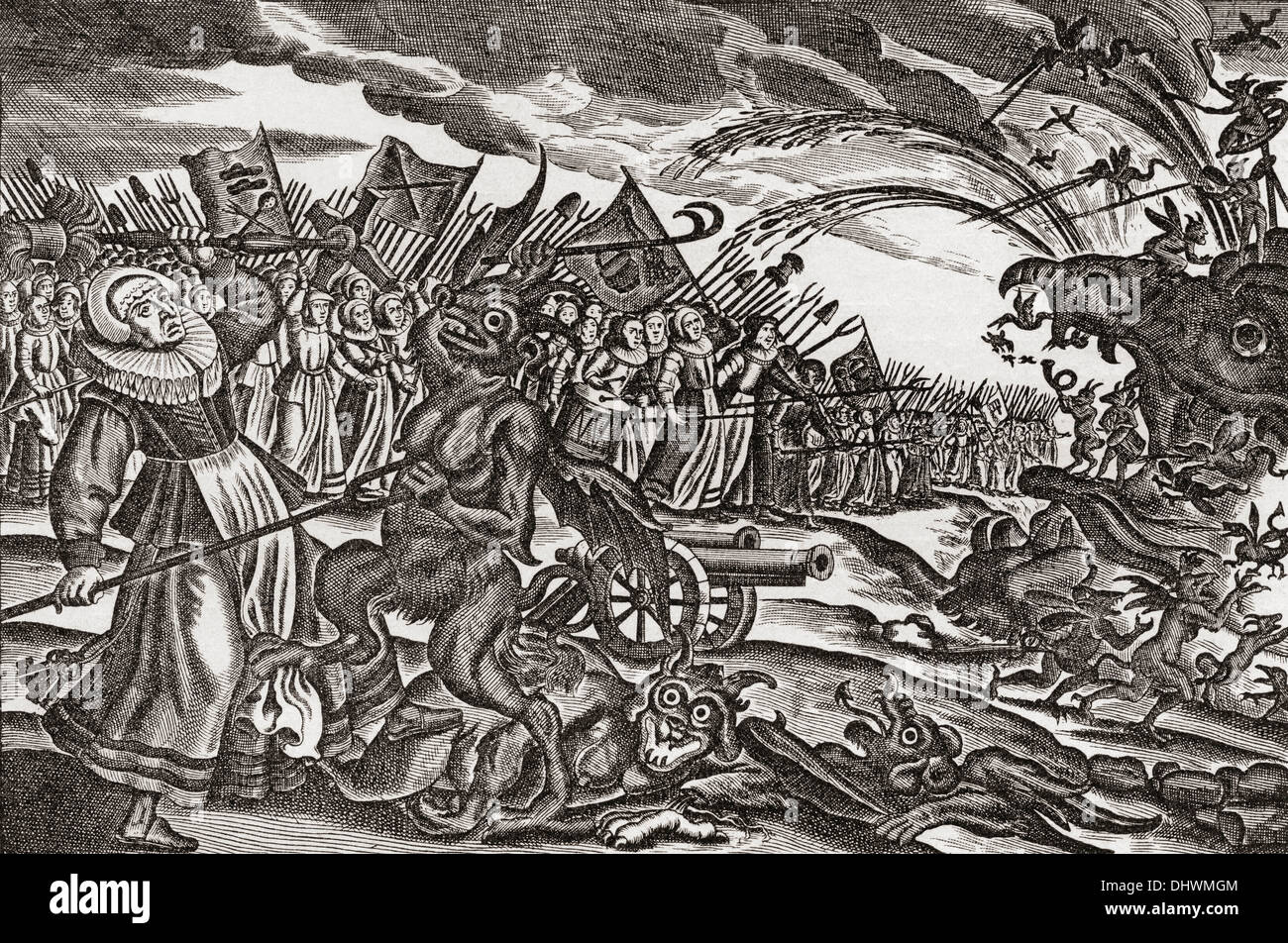 From a 17th century German satirical pamphlet on bad women.  An army of women appear to be confronting an army of monsters... Stock Photo