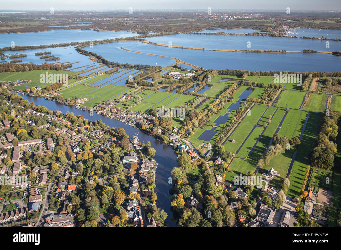 Netherlands, Loenen. Village along river Vecht near lakes called Loosdrechtse Plassen. Aerial Stock Photo