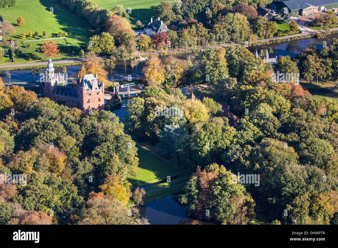 Netherlands, Breukelen, Aerial view of castle Nyenrode or Nijenrode and park. Home to the Nyenrode Business University Stock Photo