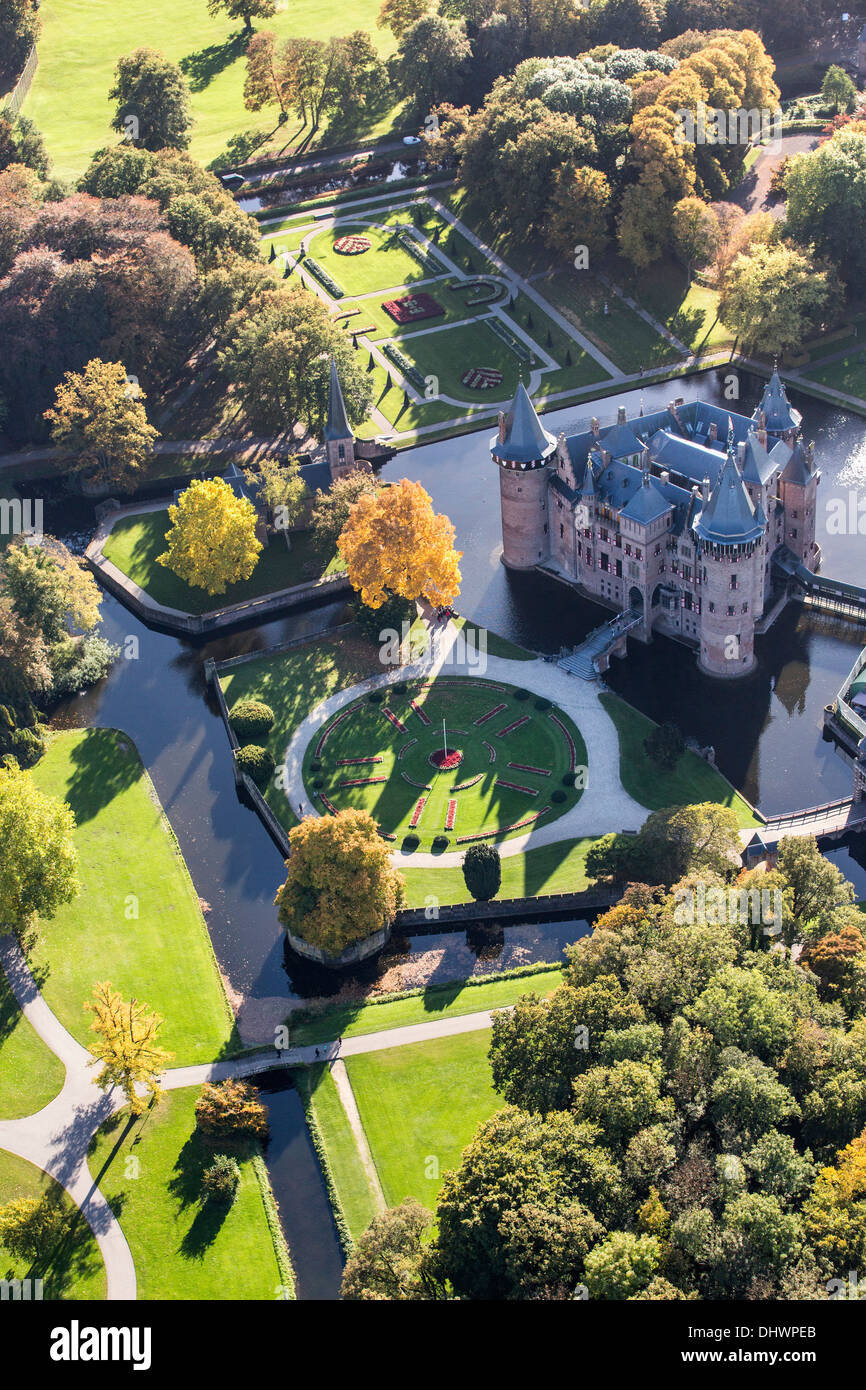 Netherlands, Haarzuilens. Castle called De Haar. Aerial. Autumn Stock Photo