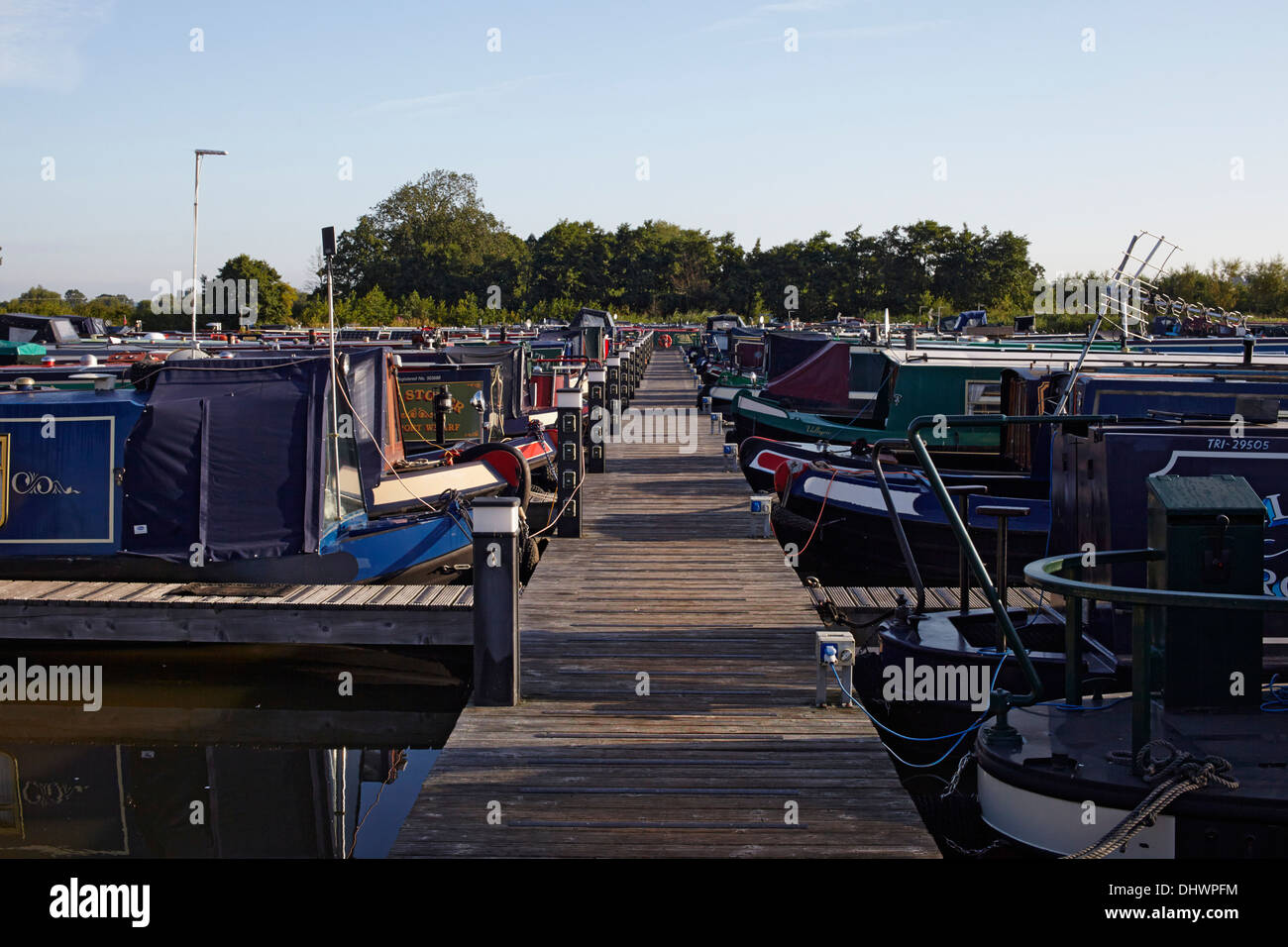 Narrowboats moored at Great Haywood marina near Stafford Stock Photo