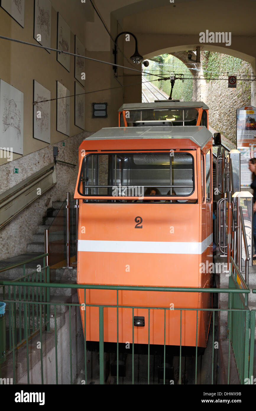 A tram at the Funicolare Citta Alta station in Bergamo Bassa, Italy. Stock Photo