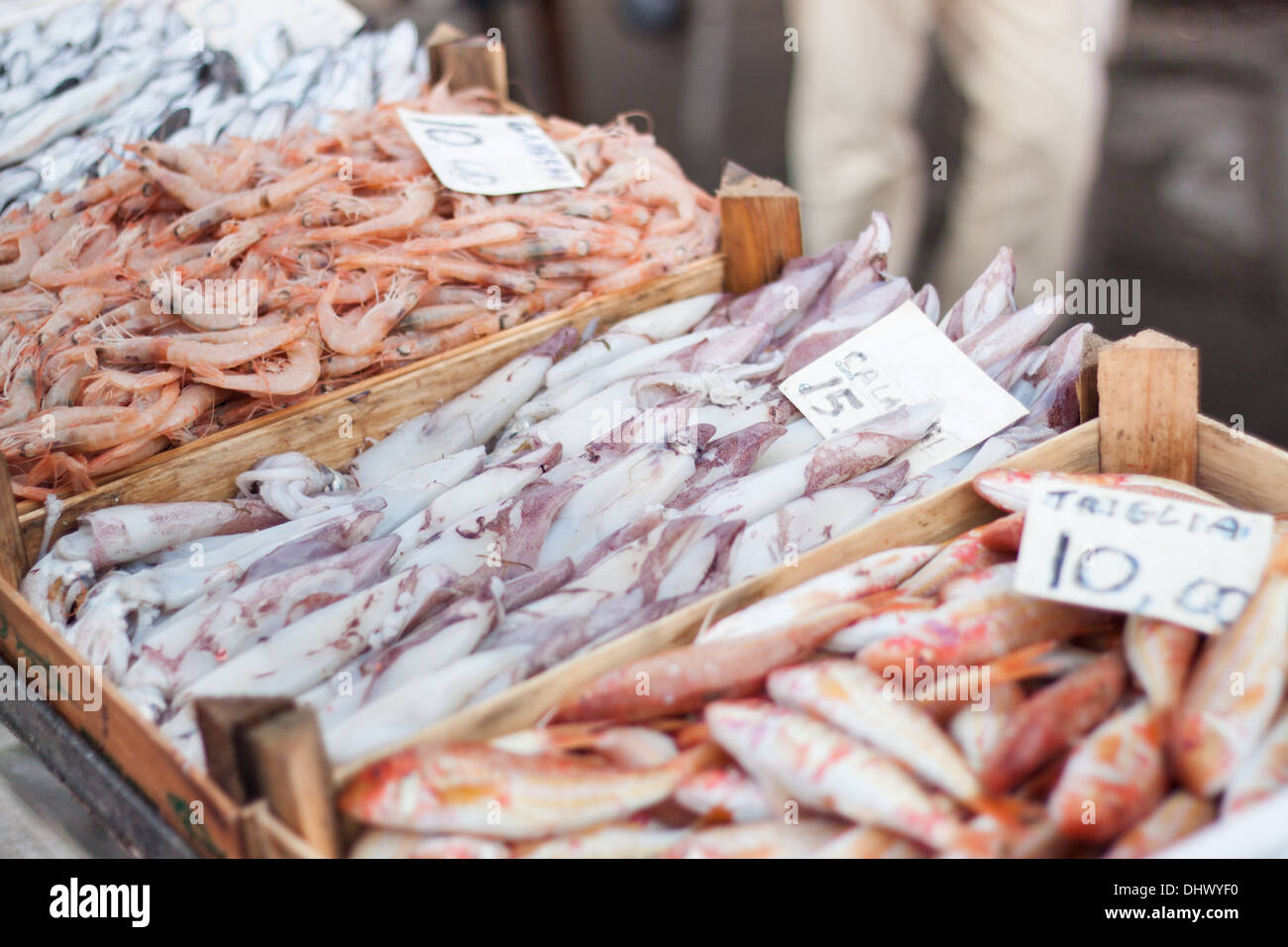 fresh fish box container market 'mullet fish' seafood calamari shrimps Stock Photo