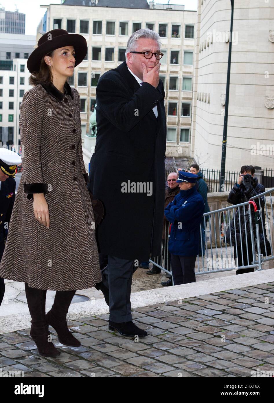 Belgian Prince Laurent (L) is pictured with Princess Claire (R) and her  daughter Princess Louise on the podium during the military parade on the  occasion of Belgium?s National Day in Brussels, Belgium