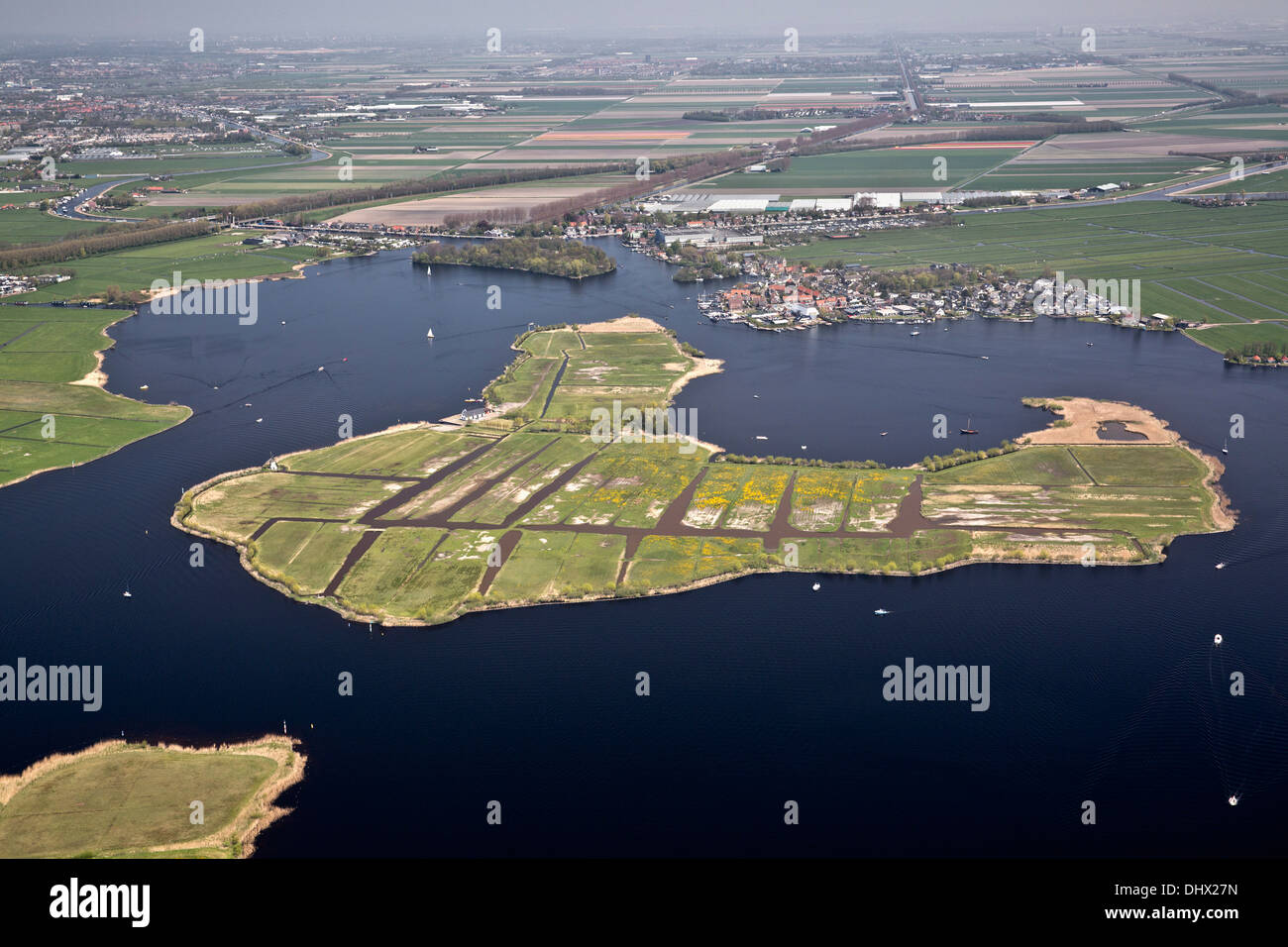 Netherlands, Warmond, Lakes called Kager Plassen. Aerial Stock Photo