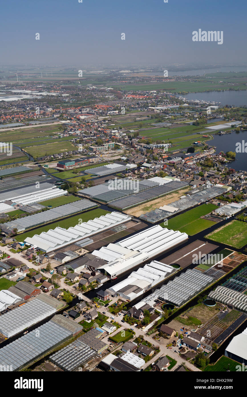 Netherlands, Roelofarendsveen, Industrial area, greenhouses Aerial Stock Photo