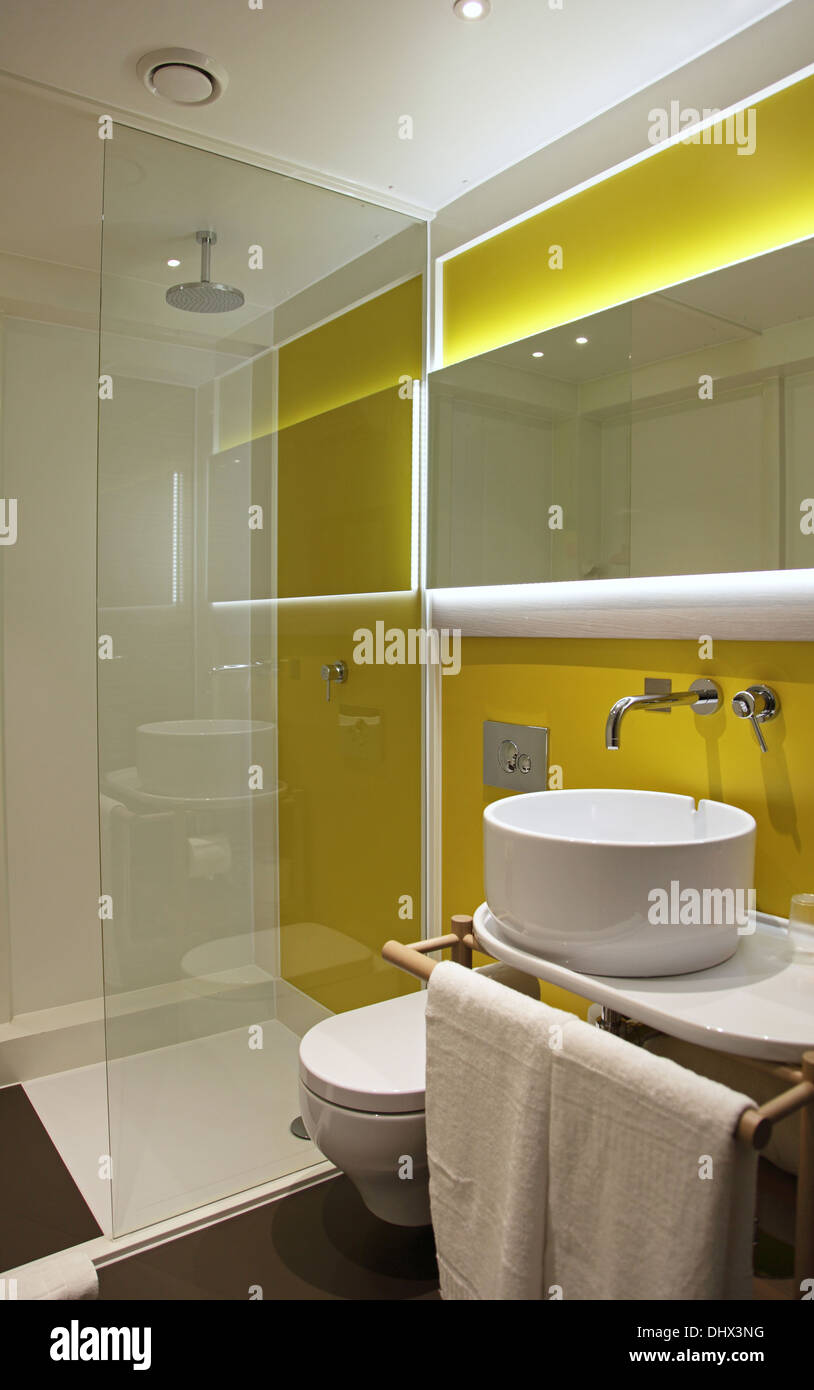 A modern hotel bathroom pod in a trendy, new, central London Hotel Stock Photo
