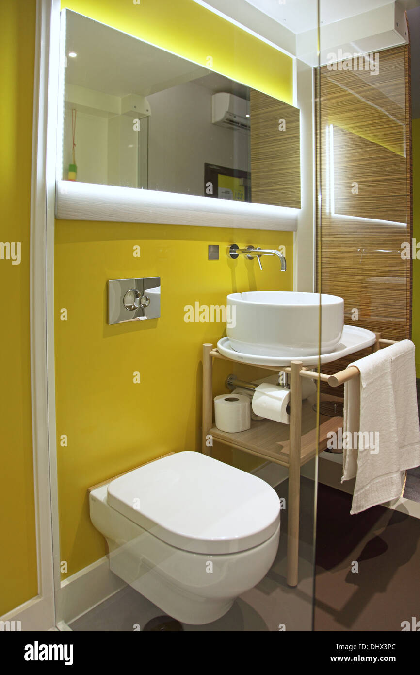 A modern hotel bathroom pod in a trendy, new, central London Hotel Stock Photo