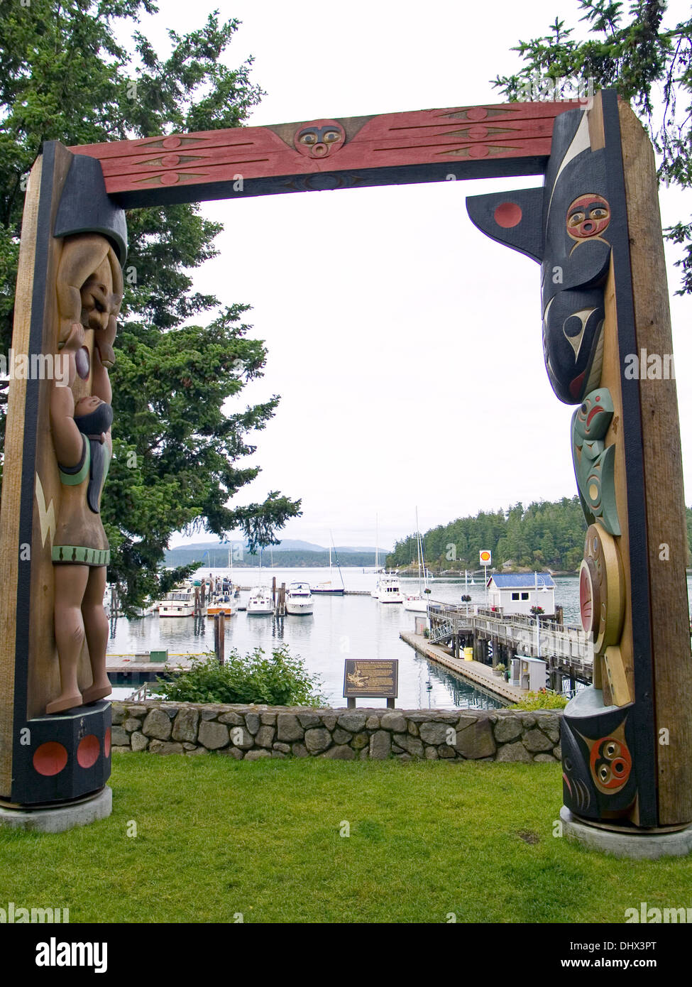 Totem poles at Friday Harbor,San Juan Island,Washington State Stock Photo