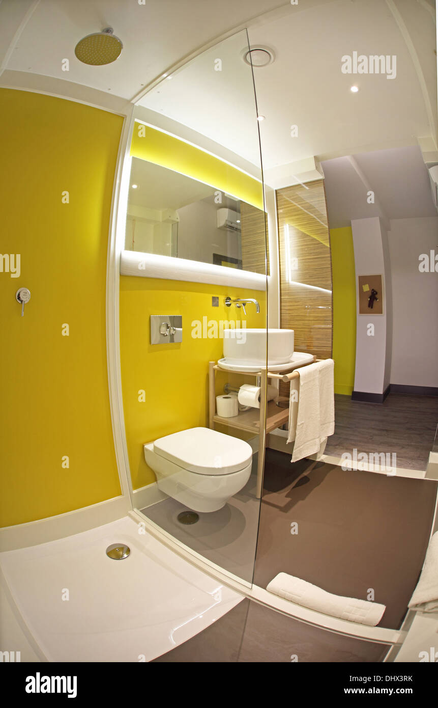 A modern hotel bathroom pod in a trendy, new, central London Hotel
