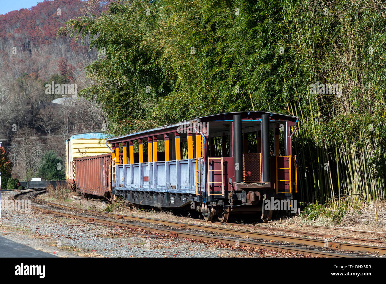 Open passenger railroad car used for Smoky Mountain tours on side spur near Dillsboro and Sylva, North Carolina, USA. Stock Photo