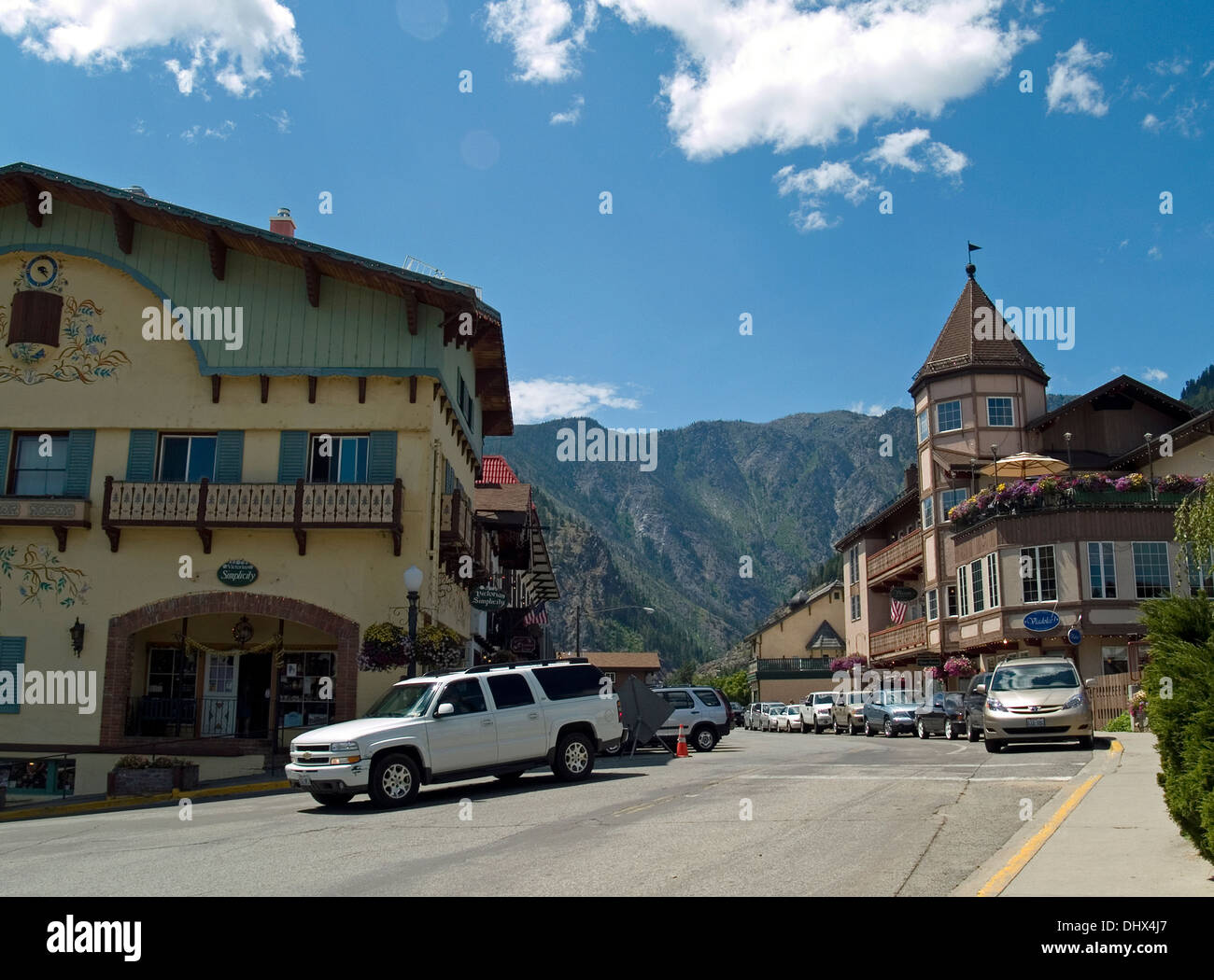 The main street of the Bavarian town of Leavenworth,Washington State Stock Photo