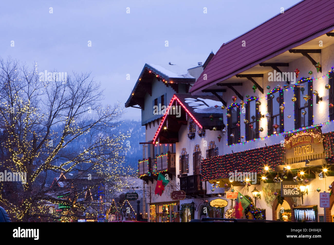 The town of Leavenworth decorated in Christmas lights for the holiday season, Washington. Stock Photo
