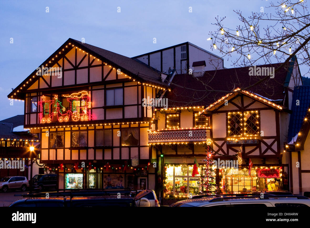 The town of Leavenworth decorated in Christmas lights for the holiday