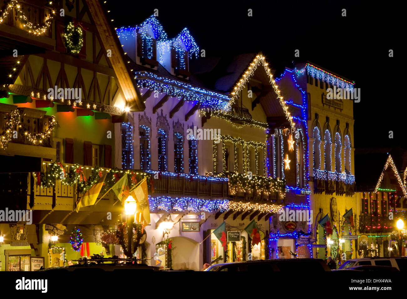 The town of Leavenworth decorated in Christmas lights for the holiday season, Washington. Stock Photo