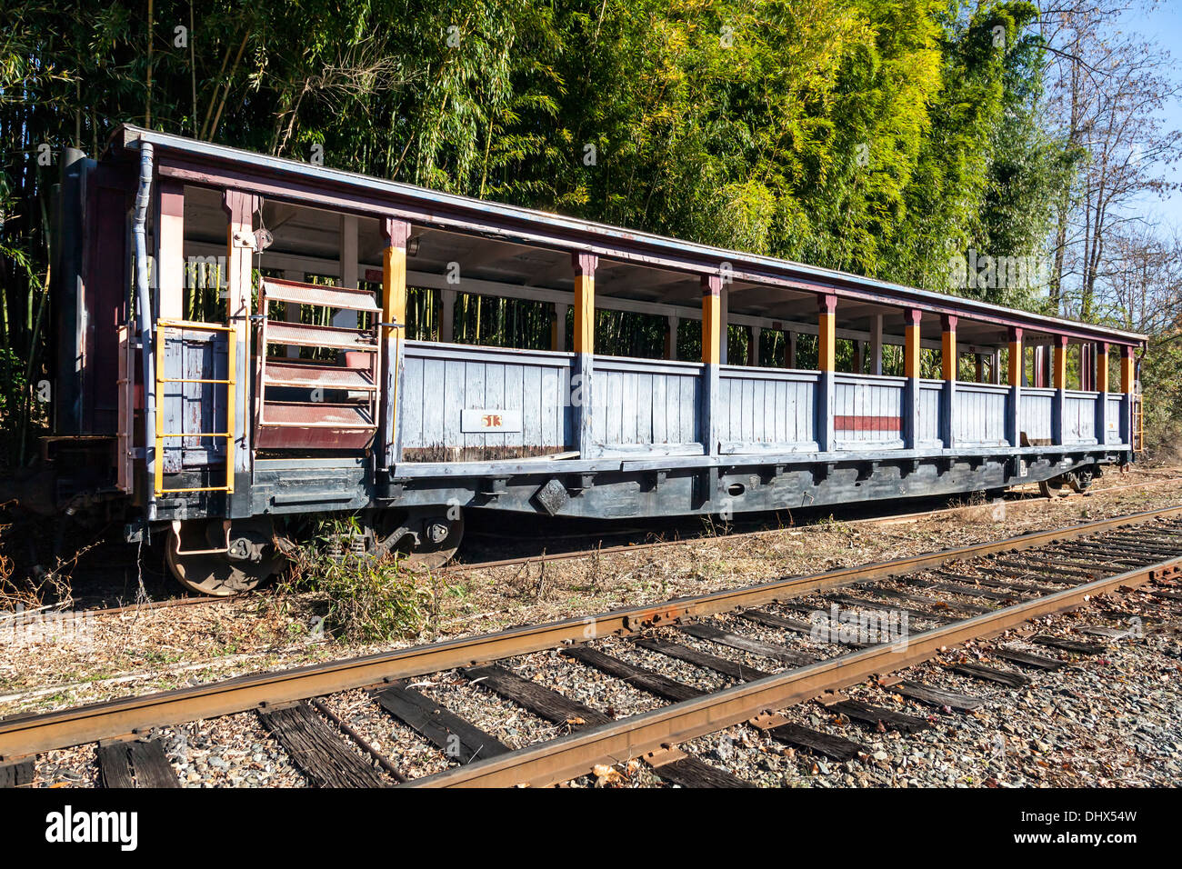 Open passenger railroad car used for Smoky Mountain tours on side spur