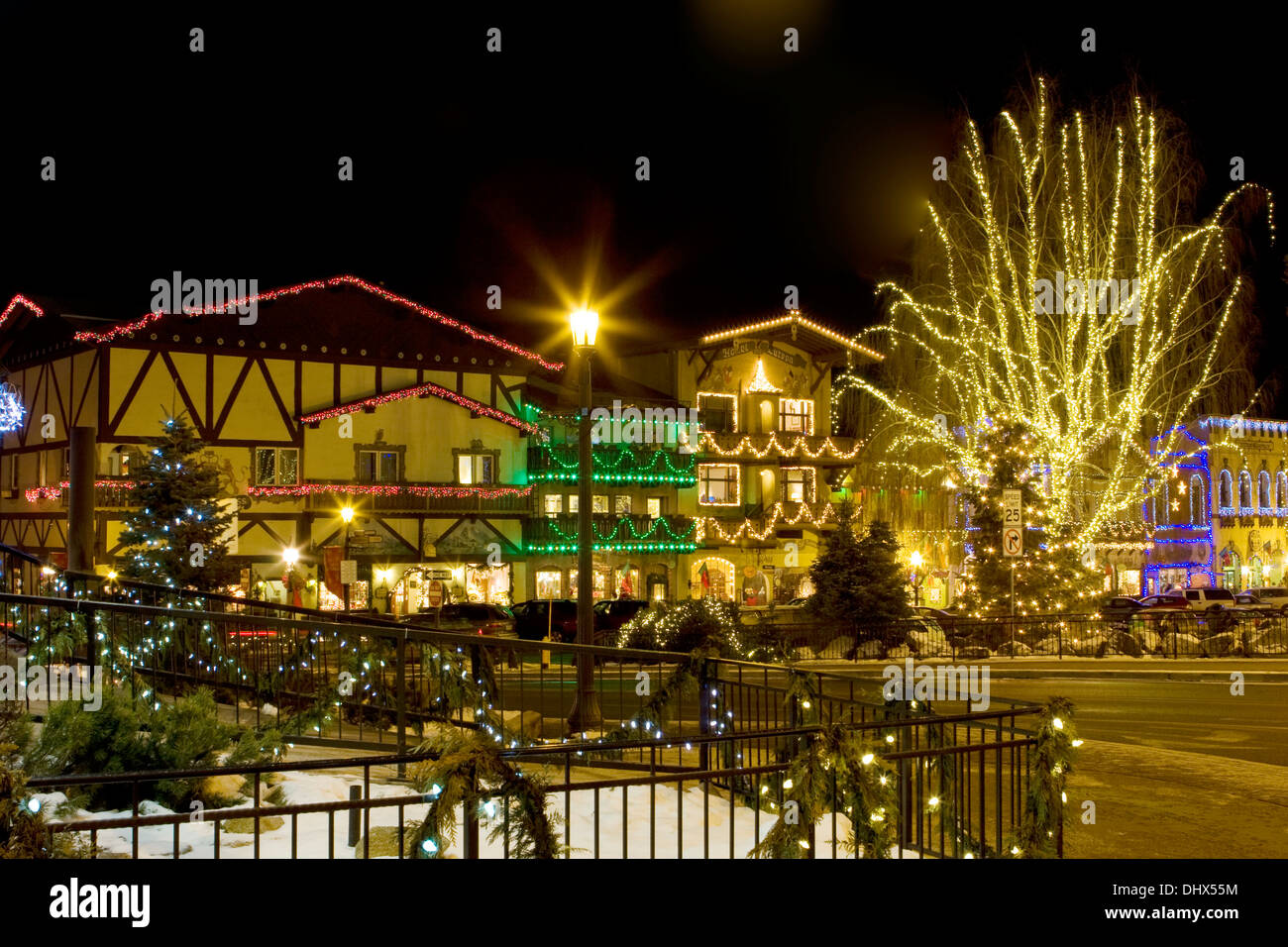 The town of Leavenworth decorated with Christmas lights for the holiday season, Washington. Stock Photo