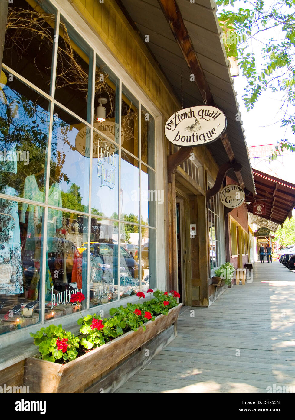 A boardwalk along the shops of Winthrop,Washington State Stock Photo