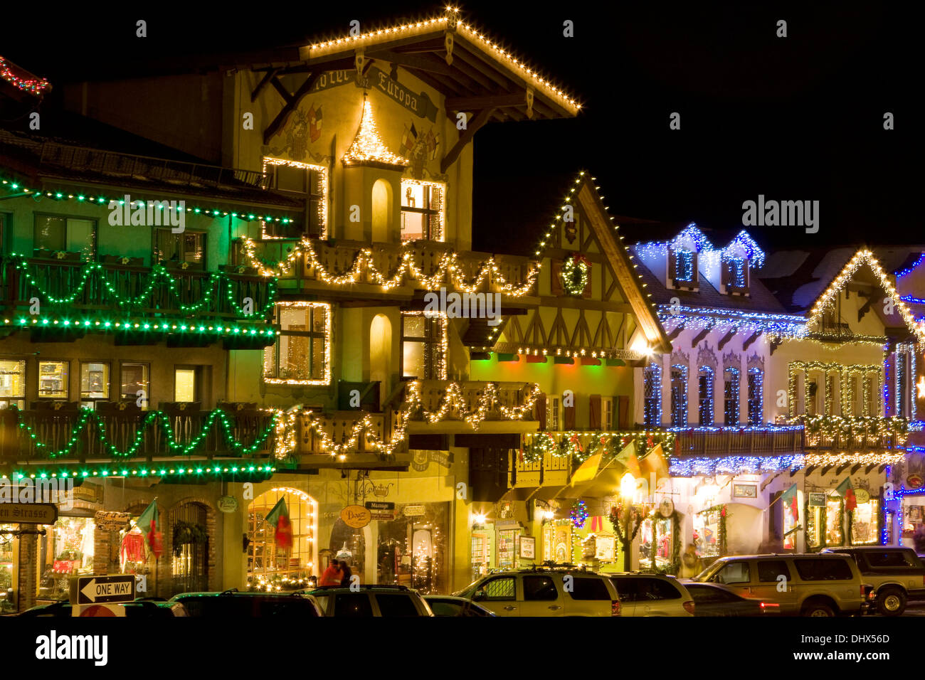 The town of Leavenworth decorated with Christmas lights for the holiday season, Washington. Stock Photo