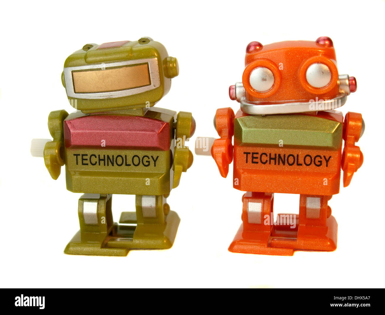 Two wind-up toy robots. Stock Photo