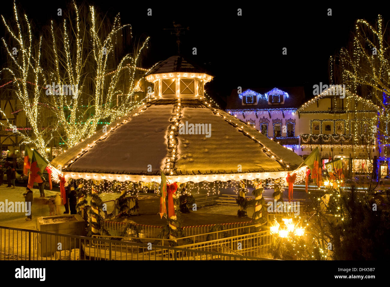 The town of Leavenworth decorated with Christmas lights for the holiday season, Washington. Stock Photo