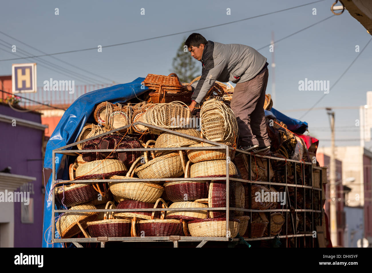 Basket makers deliver their wares at the Benito Juarez Market in Oaxaca, Mexico. Stock Photo