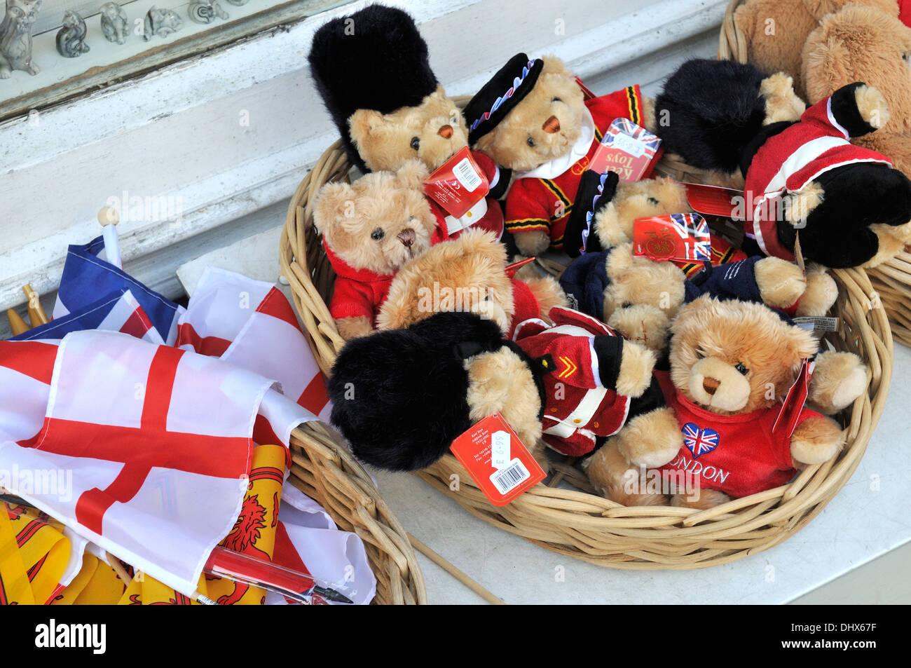 Tourist souvenirs, teddy bears, English and British flags outside shop