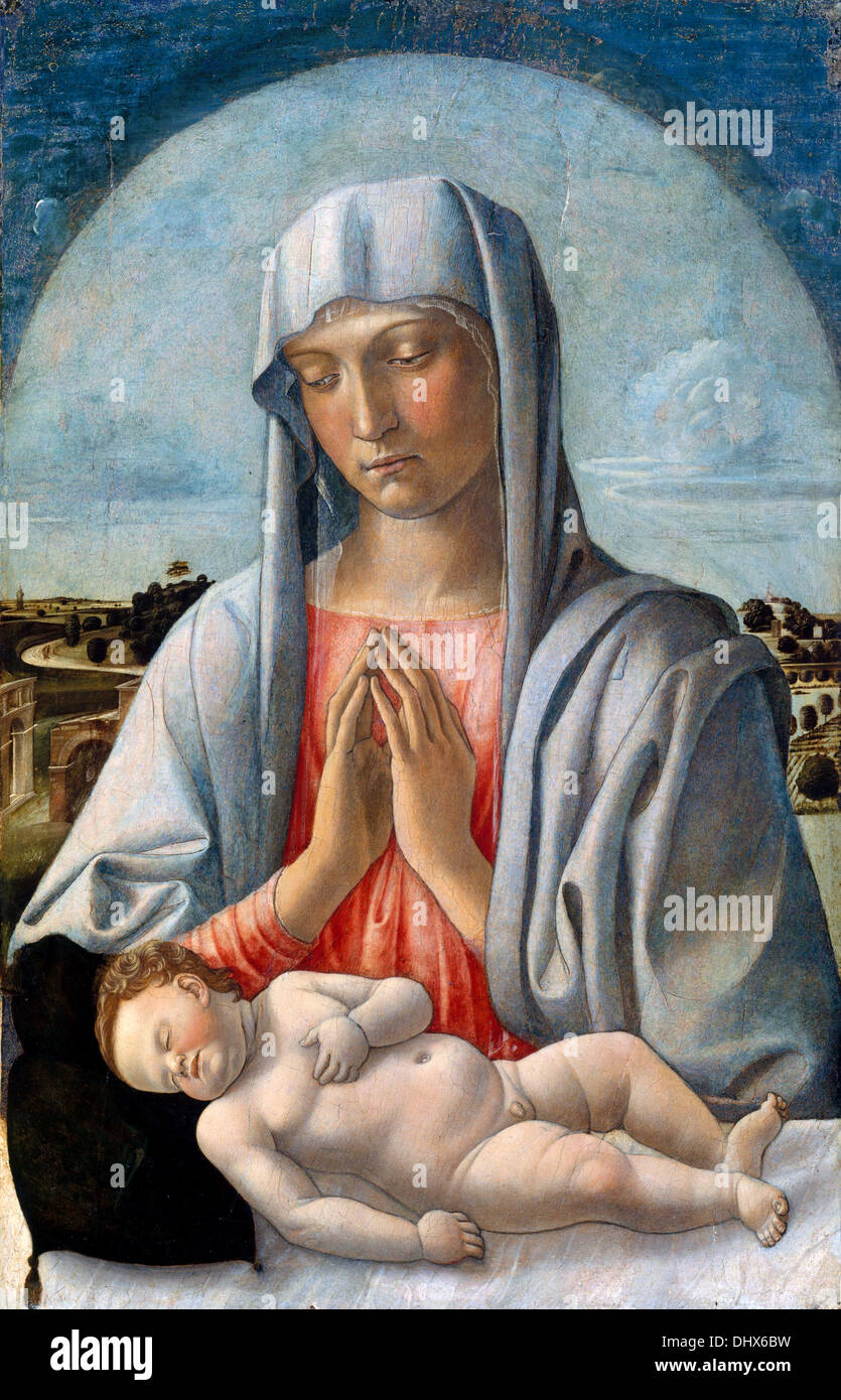 Madonna Adoring the Sleeping Child - by Giovanni Bellini, 1460's Stock Photo