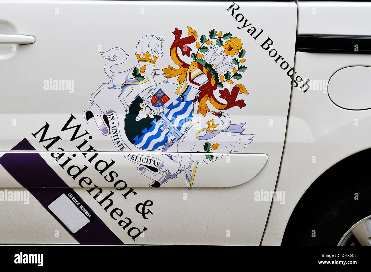 Royal Borough of Windsor & Maidenhead logo on side of taxi Stock Photo
