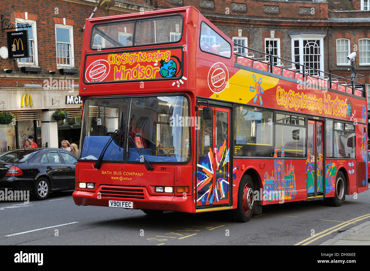 Open top double decker red sightseeing bus Royal Borough of Windsor, Berkshire, UK Stock Photo