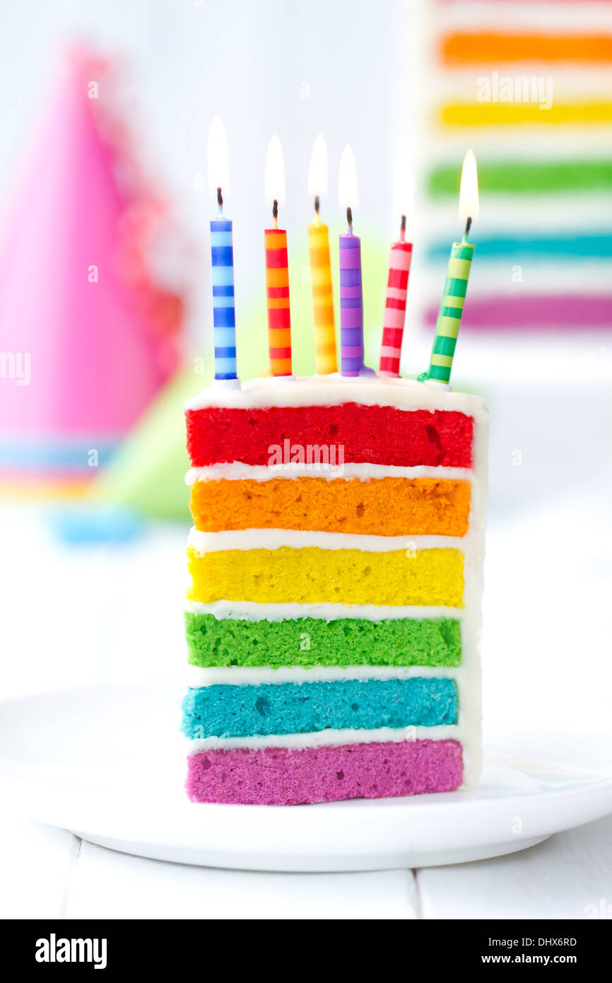Rainbow cake decorated with birthday candles Stock Photo